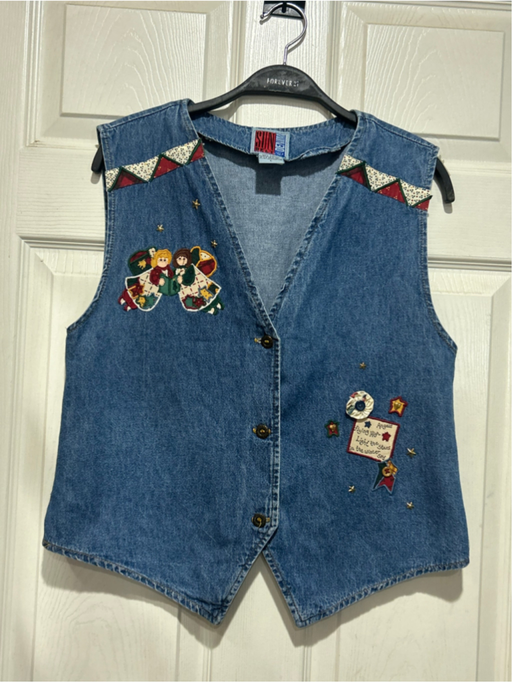 Vintage Sun Belt Denim Christmas Angel Vest, Size L, Blue